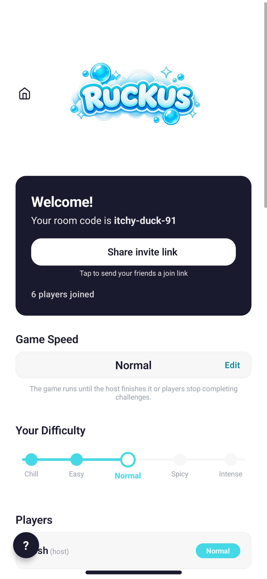 The game lobby with room code, share invite link, players and difficulty