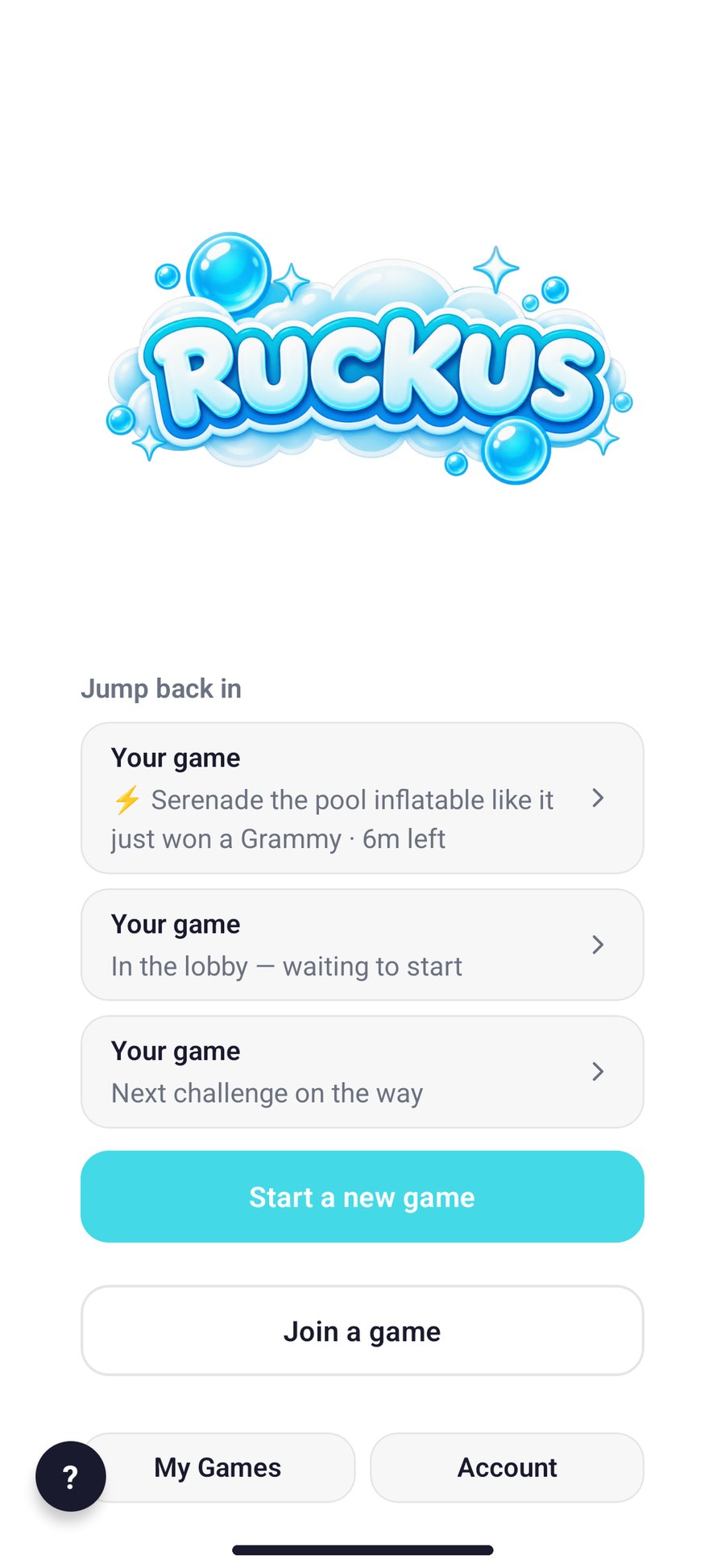The Ruckus app home screen, showing Start a new game and Join a game