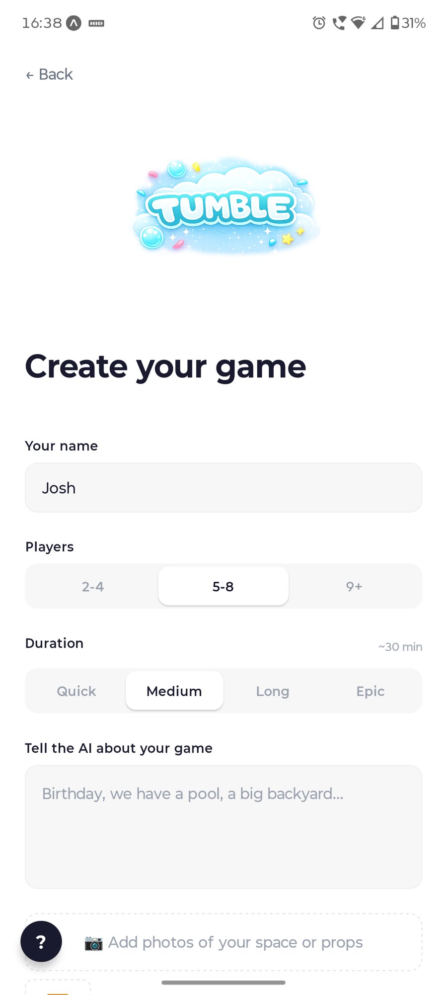 Create your game screen with players, duration, energy and content settings