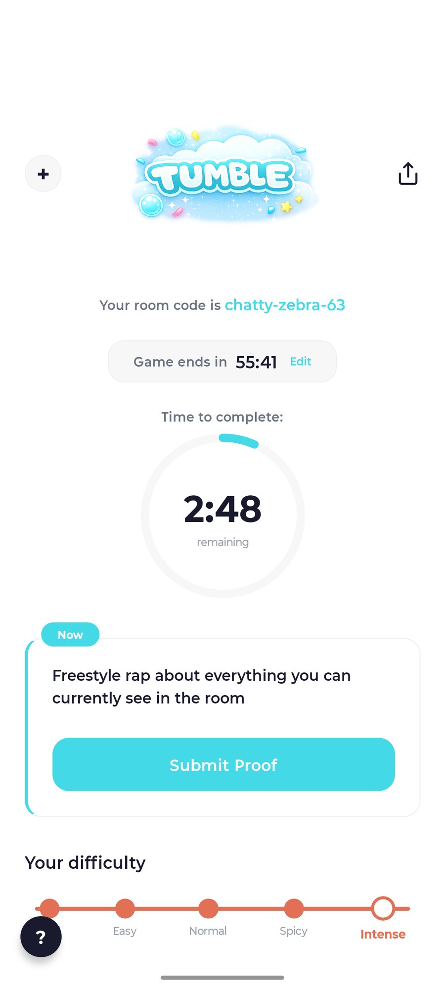 In-game screen with the room code, timer and current challenge