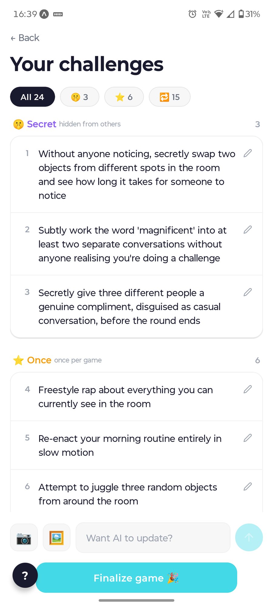 The AI-generated challenges for the game, with a prompt to tweak them